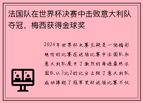 法国队在世界杯决赛中击败意大利队夺冠，梅西获得金球奖