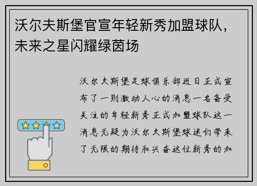 沃尔夫斯堡官宣年轻新秀加盟球队，未来之星闪耀绿茵场