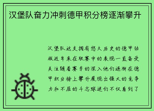汉堡队奋力冲刺德甲积分榜逐渐攀升