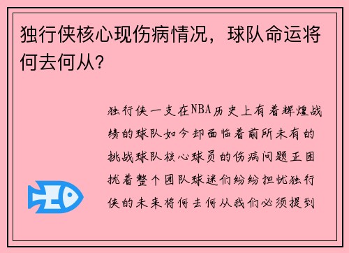 独行侠核心现伤病情况，球队命运将何去何从？