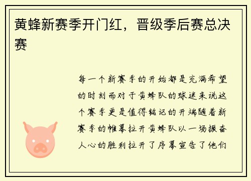 黄蜂新赛季开门红，晋级季后赛总决赛