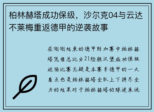 柏林赫塔成功保级，沙尔克04与云达不莱梅重返德甲的逆袭故事