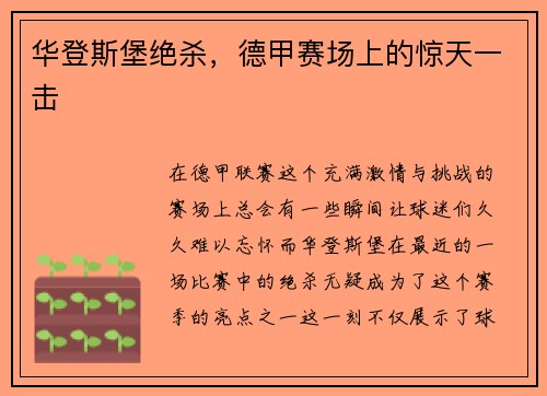 华登斯堡绝杀，德甲赛场上的惊天一击