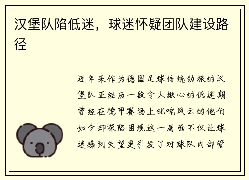 汉堡队陷低迷，球迷怀疑团队建设路径