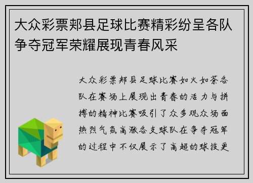 大众彩票郏县足球比赛精彩纷呈各队争夺冠军荣耀展现青春风采