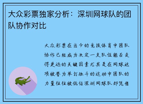 大众彩票独家分析：深圳网球队的团队协作对比