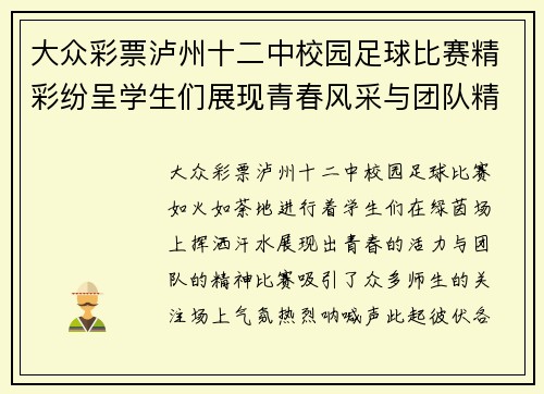 大众彩票泸州十二中校园足球比赛精彩纷呈学生们展现青春风采与团队精神